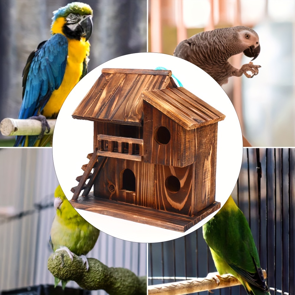 

An Outdoor Hanging Wooden House For Pet Birds And Squirrels, Complete With Cage And Toys.