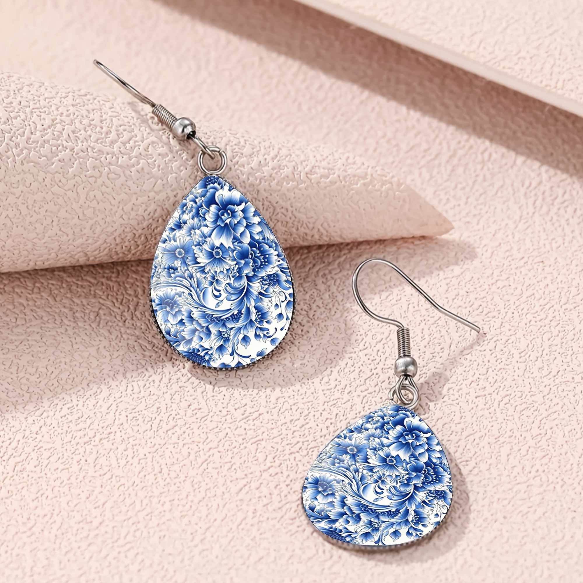 Classic Blue & White Porcelain Water Drop Earrings, Elegant Style