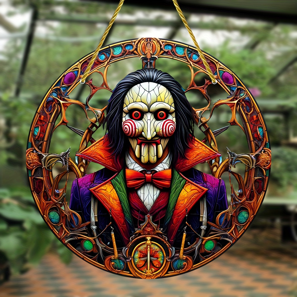 

Saw Movie Character Stained Glass Suncatcher, Round Acrylic Hanging Window Decor, All-season Porch Ornament, Home & Garden Accent, Birthday Gift For Horror Fans