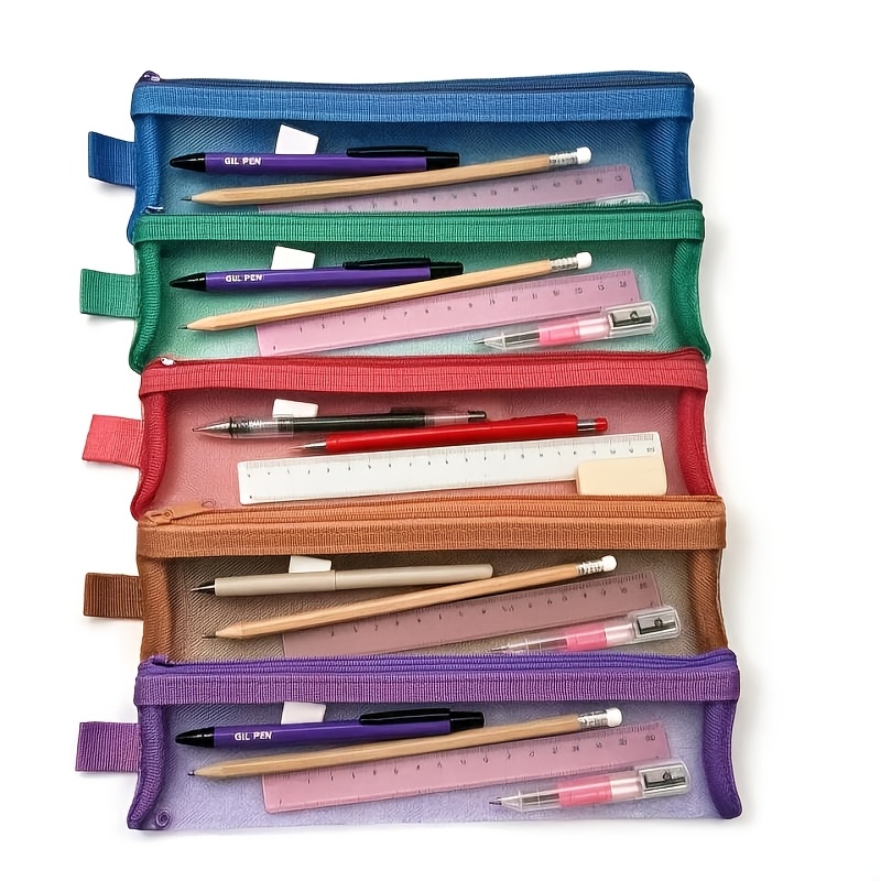 TEMU 5pcs Set Vintage-colored Transparent Mesh Pencil Cases, Small Double-layer Mesh Design, Alternative Stationery Pouch With Portable Zipper,