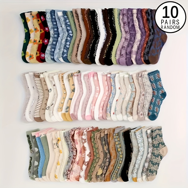 

10/20 Pairs Random Color Mid-calf Socks-fj-retro Floral Comfortable Combination Socks