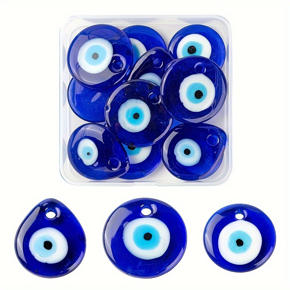 TEMU 12pcs 3 Styles Flat Teardrop Round Evil Eye Glass Pendants Blue Handmade Lampwork Dangle Charms For Earring Necklace Bracelet Making Decor