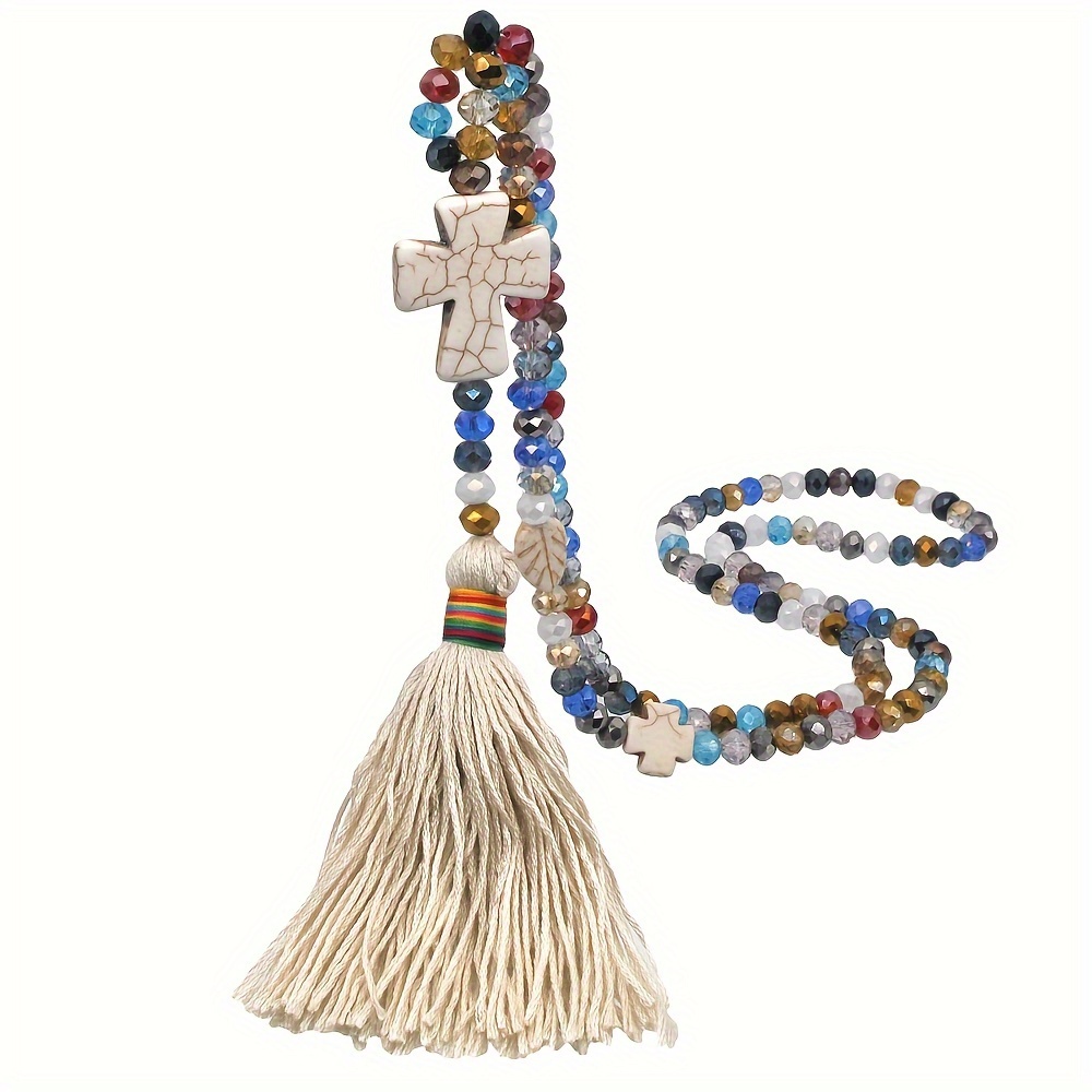 Bohemian Handmade Beaded Multicolor Cross Turquoise Tassel Pendant Long Necklace Accessory For Women