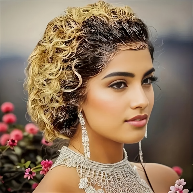 Perruque avant en dentelle pour femme - 13x1 HD sans colle, cheveux humains pré-plumés avec des cheveux de bébé, style court et bouclé, densité 150%, noir élégant, perruque