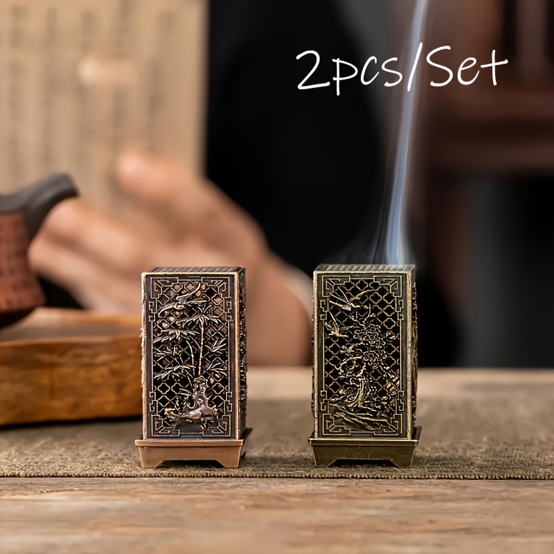 2pcs Traditional Chinese Metal Incense Set - Plum , Orchid & Chrysanthemum Cutout Design, Alloy Zen Meditation Altar Decor For Yoga, Home Temple, -free (no Scent Included) - Compatible With Incense