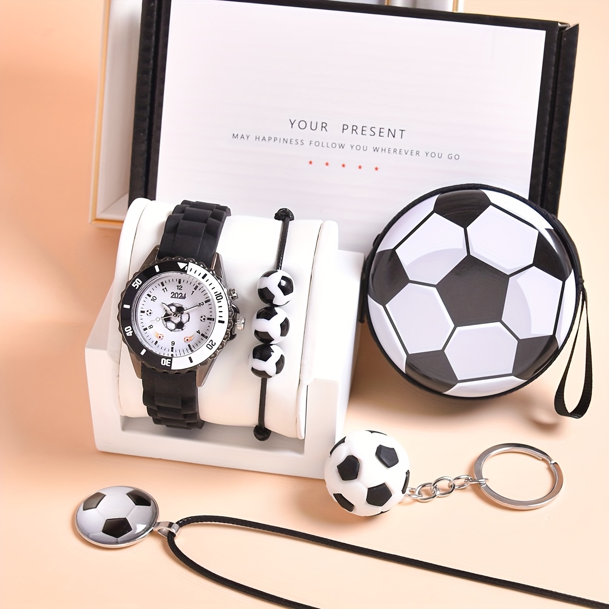 Image of Gift Box Packaging Boys' Gift, Silicone Soft Strap Boys' Creative Football Quartz Wristwatch, Earphone Pouch, Coin Purse, Necklace, Bracelet, Keychain Set 5pcs