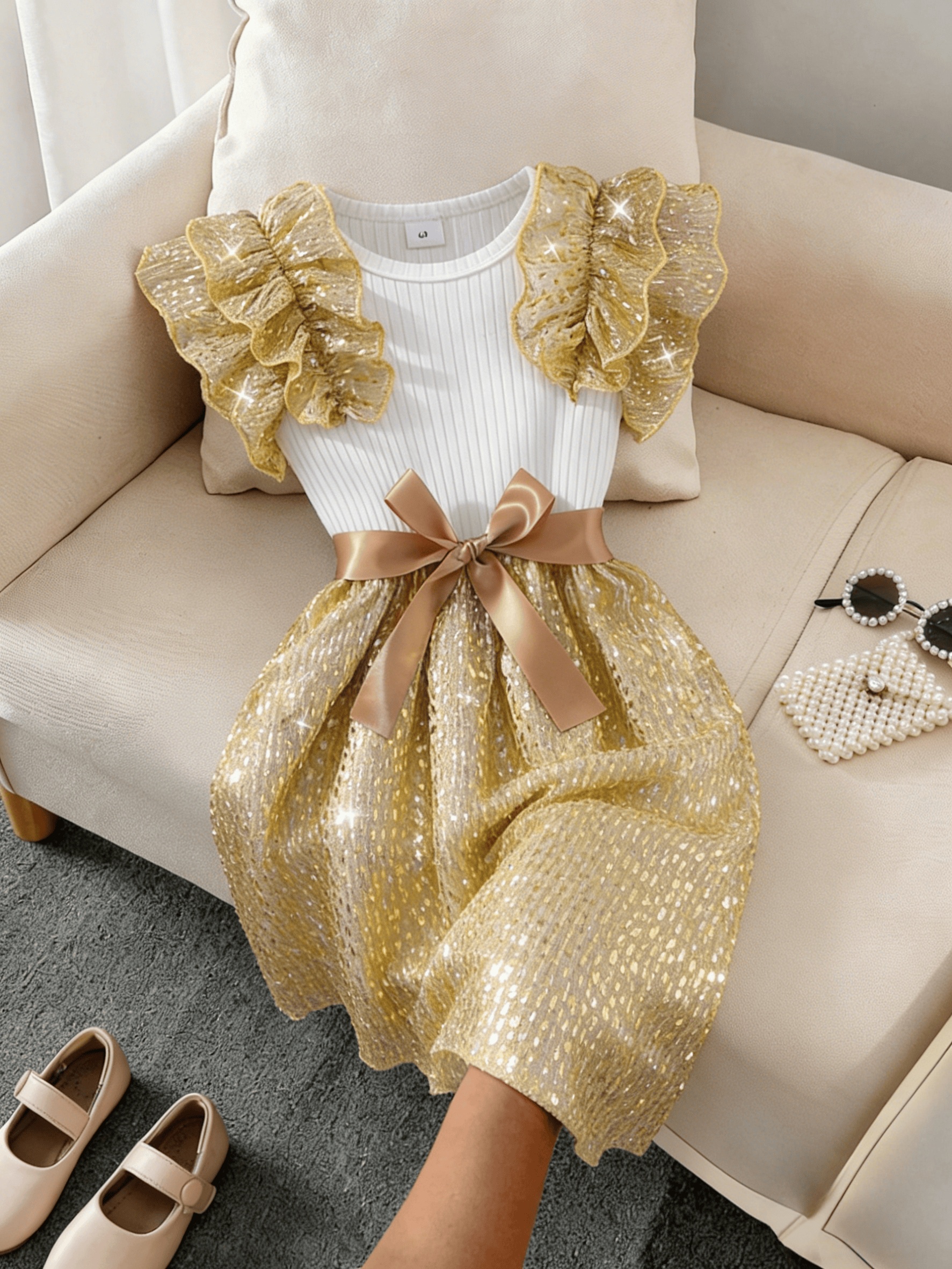 knee length gold sequin dress Tea Length Rose Gold Sequin Dress main image 1