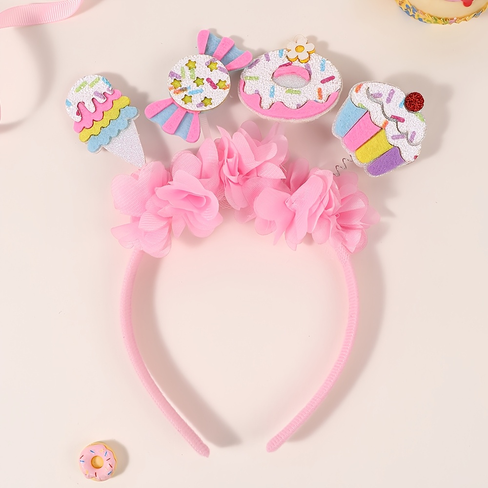 TEMU 1pc Multi Sweet Dessert Decor Hair Headband, Pink Mesh Hair Hoop With Ice Cream Candy Donut Cupcake, Cute Dessert Themed Party Photo Booth Hair