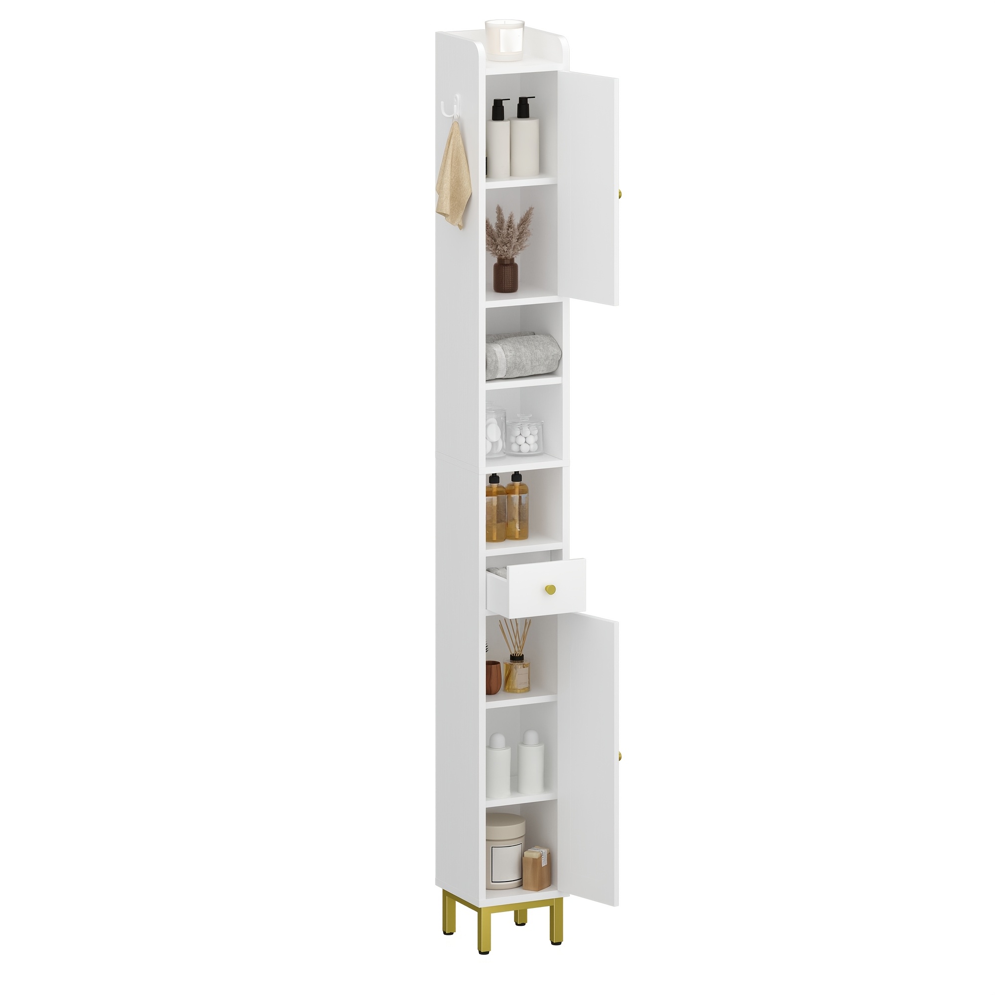 Image of High Bathroom Cabinet, Bathroom Cabinet, High Toilet Paper Holder, With 2 Doors And Drawers, Open Compartment, Bathroom Cabinet With Adjustable Shelves, Suitable For Living Room, Study, White
