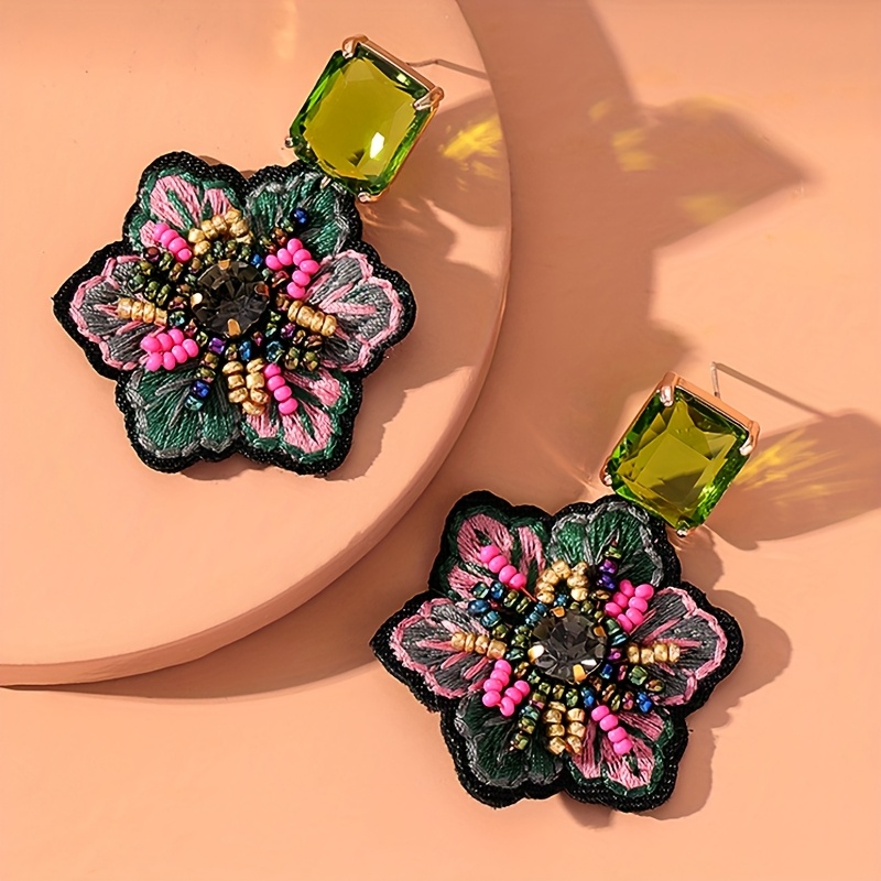 

Bohemian Beaded Embroidered Flower Earrings With Cubic Zirconia Pendants, Elegant Style, Polyester, Stainless Steel Ear Needle, With Synthetic Zirconia, For Daily And Vacation Wear - All Suitable