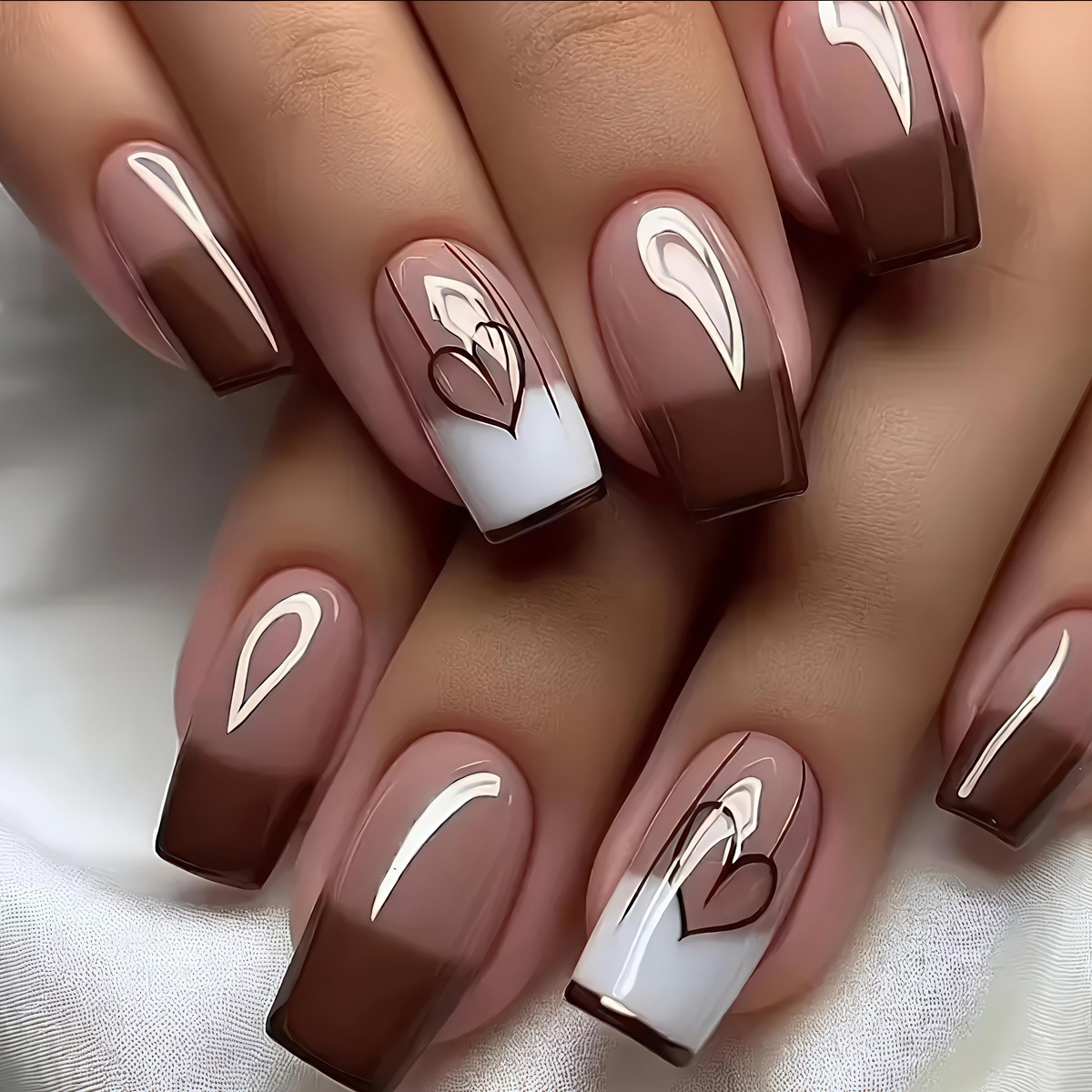 Image of Mid-length Nude Brown French Heart 24pcs Elegant Fashion Press-on Nails Removable Reusable Nail Stickers Convenient For Daily Parties Vacations Gatherings Nail Art