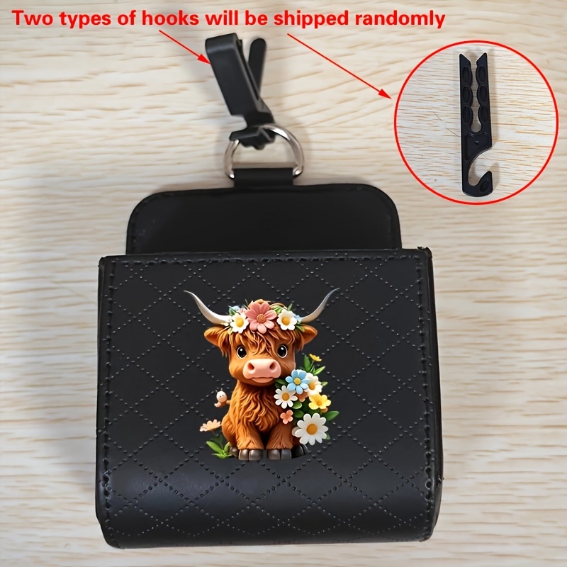 TEMU Wreath Highland Cow Car Storage Bag, Car Vent Organizer For Additions, Quilted Storage Pouch With Hook, Suitable For Fashion Glasses, Keys, And
