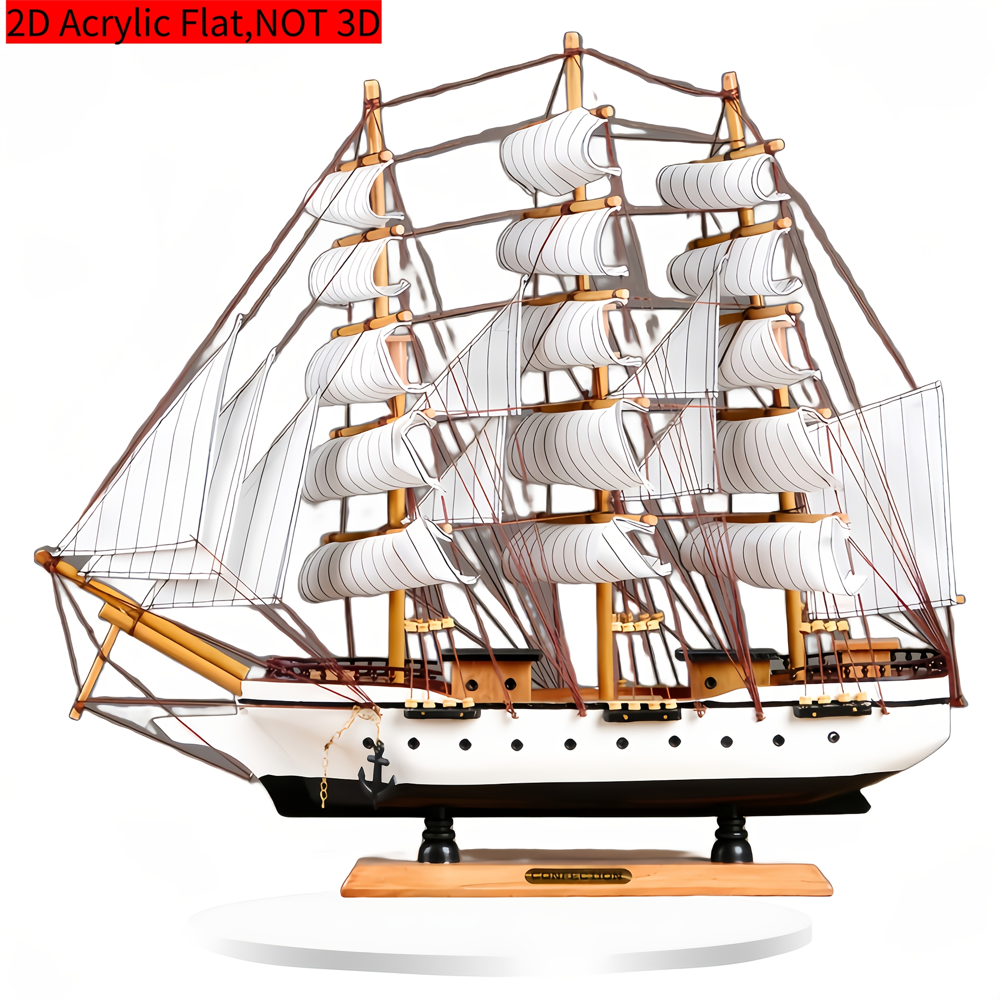 

2d Flat, Elegant Bohemian Acrylic Sailboat Model With Wooden Base - Intricate Tabletop Decor, Ideal For Home, Office, Bedroom, Cafe - Gift, Coastal Home Decor