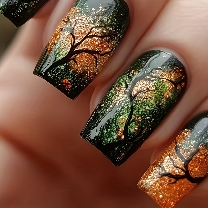 TEMU Mid-long Style Wearable Nails Green Wilderness Brown Forest Festive Nail Art Pieces 24pcs False Nails