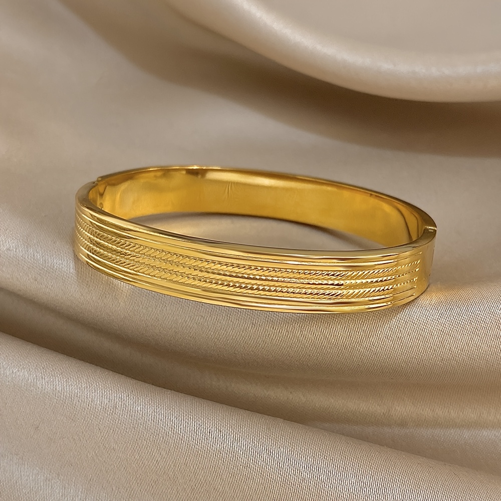 18k Gold Plated Textured Bangle, Edge Open Cuff Bracelet, Elegant Daily Jewelry