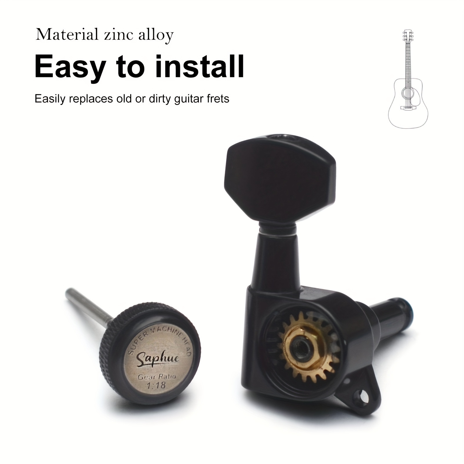 [SAPHUE Guitar Locking Tuners] SAPHUE 6pcs Guitar Locking Tuners | 1:18 Lock String Tuning Key Pegs Machine Head with Hexagonal Handle Replacement for Electric Folk or Acoustic Guitars - Black/Golden/Chrome