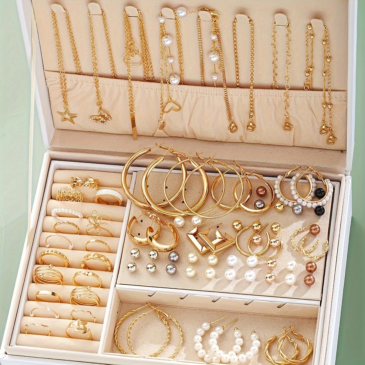 91pcs/114pcs Fashion Minimalist Luxury Metal Wind Hoop Earrings Set Hollow Layered Flower Ring Rhinestone Butterfly Bead Faux Imitation Pearl Pendant Necklace Beaded Bracelet Box Women's Jewelry Set for s Daily Party Friendship Birthday Gift No Box