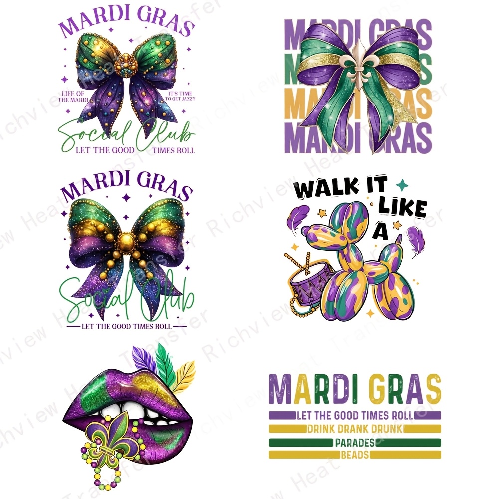 

6pcs Mardi Gras Iron-on Transfer Set - Vibrant Carnival-themed Vinyl Patches, Diy Washable & , For T-shirts & Fabric Decor - Featuring Bow, , And Lip Designs