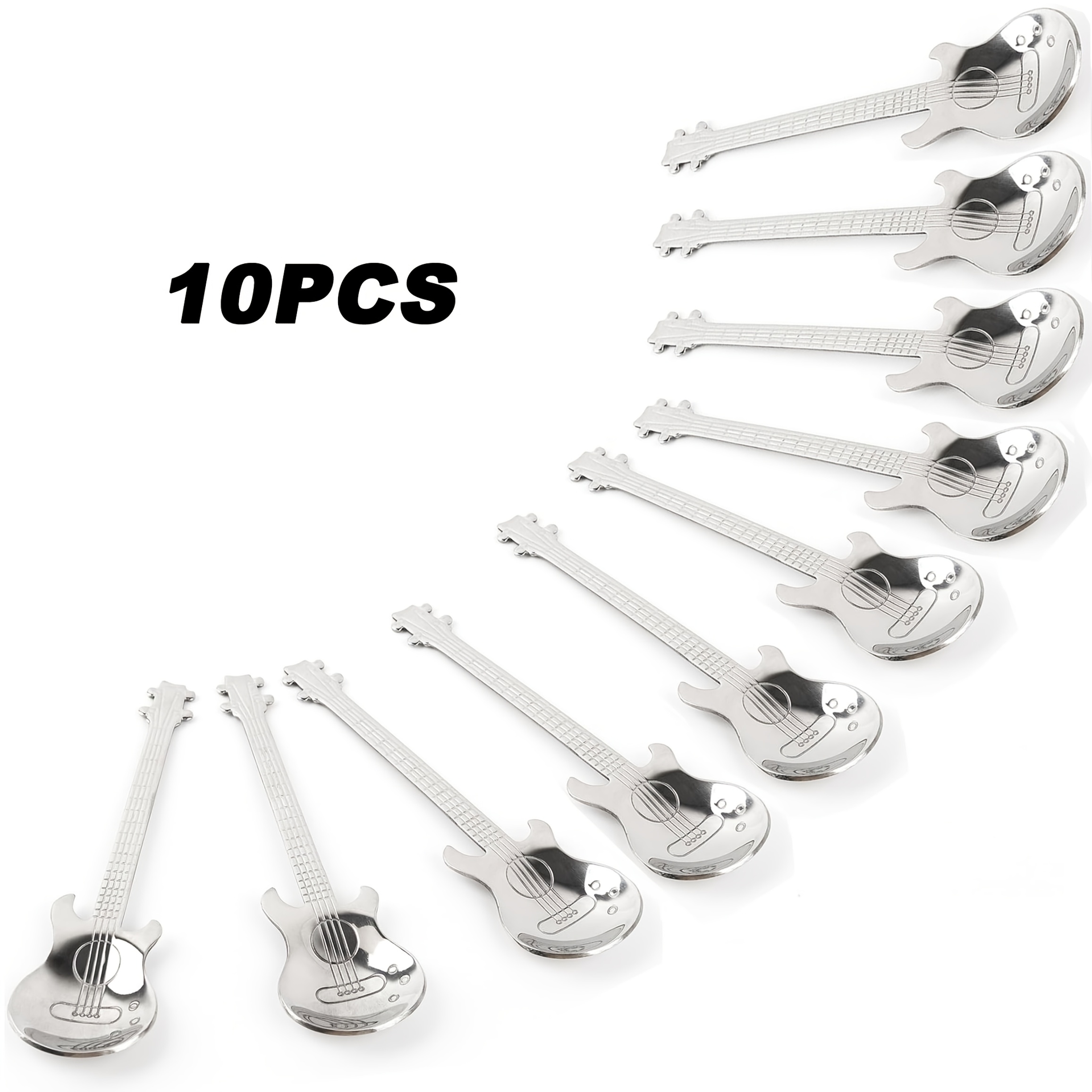 TEMU 3/5/10pcs Silvery Guitar Dessert Spoons Stainless Steel Espresso Teaspoon Musical Spoons For Stirring Drinking, Dishwasher Safe, Shiny Silvery,