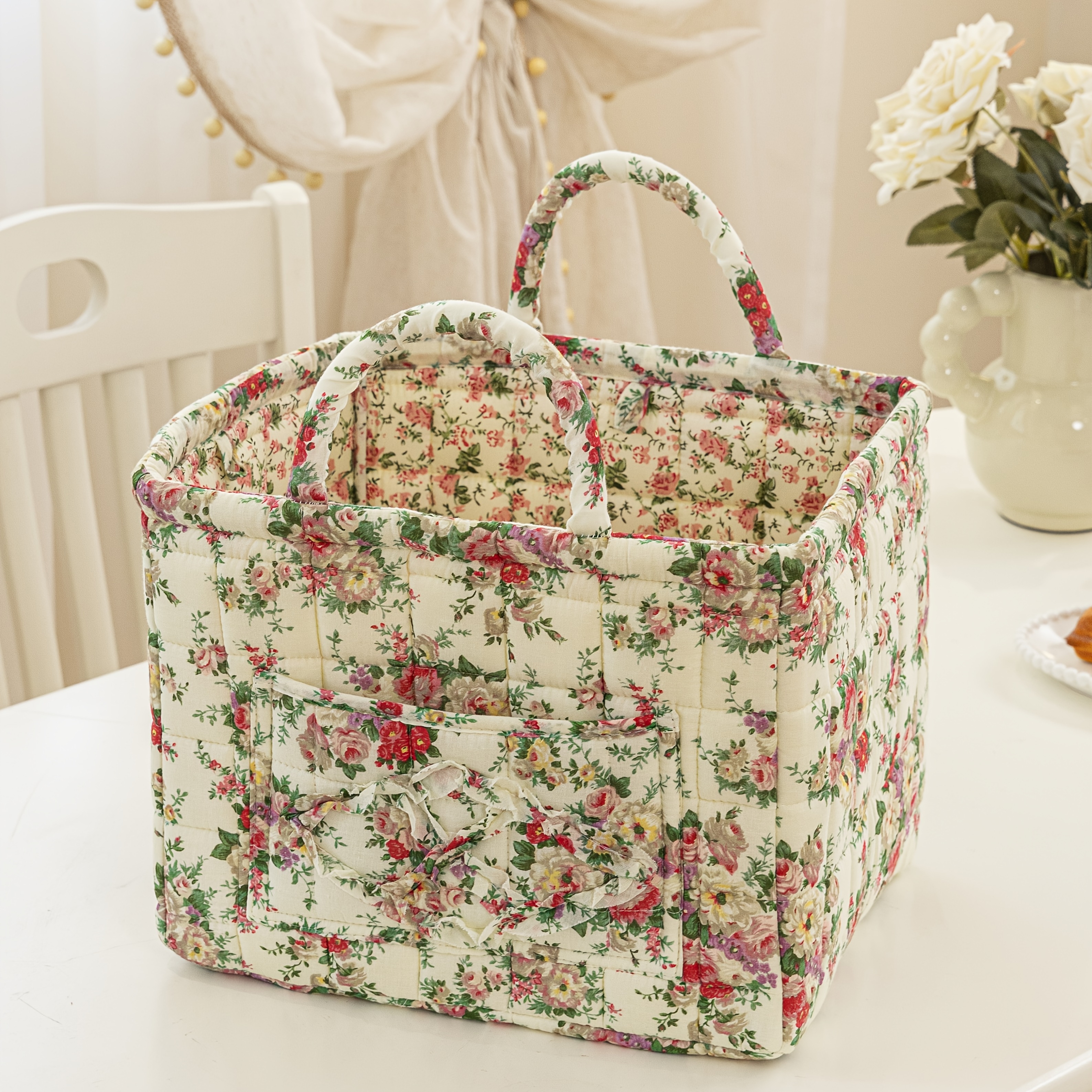 TEMU Floral Fabric Storage Bins With Handles - Portable, French Country Style, Large Capacity Organizer, Underwear And Additions - Ideal For Bedroom