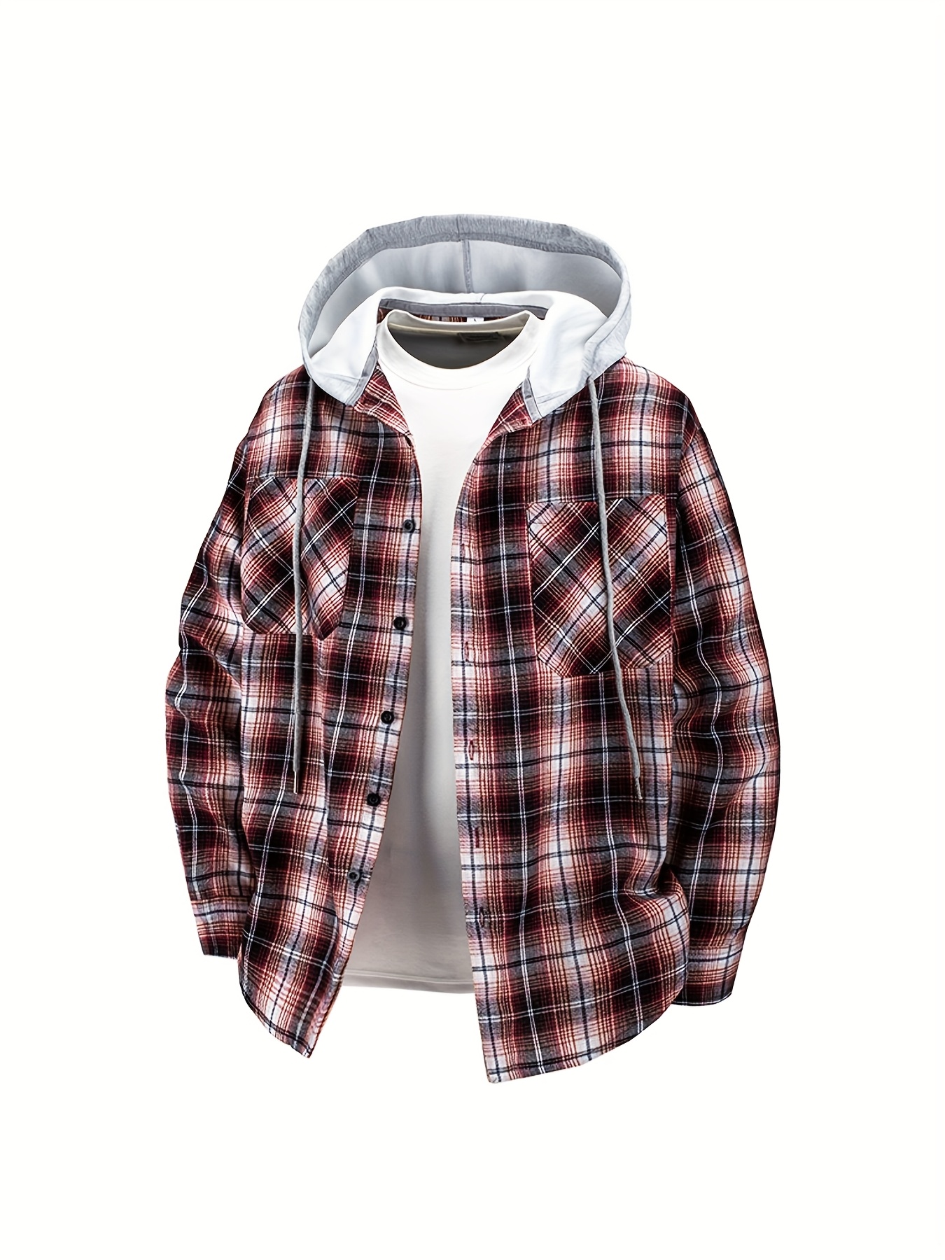 New Men'S Spring And Autumn Hooded Shirt Casual Jacket, Buttoned Plaid Top, Lightweight Outdoor Casual Sportswear for Men, Stylish Everyday Outfit with Pockets