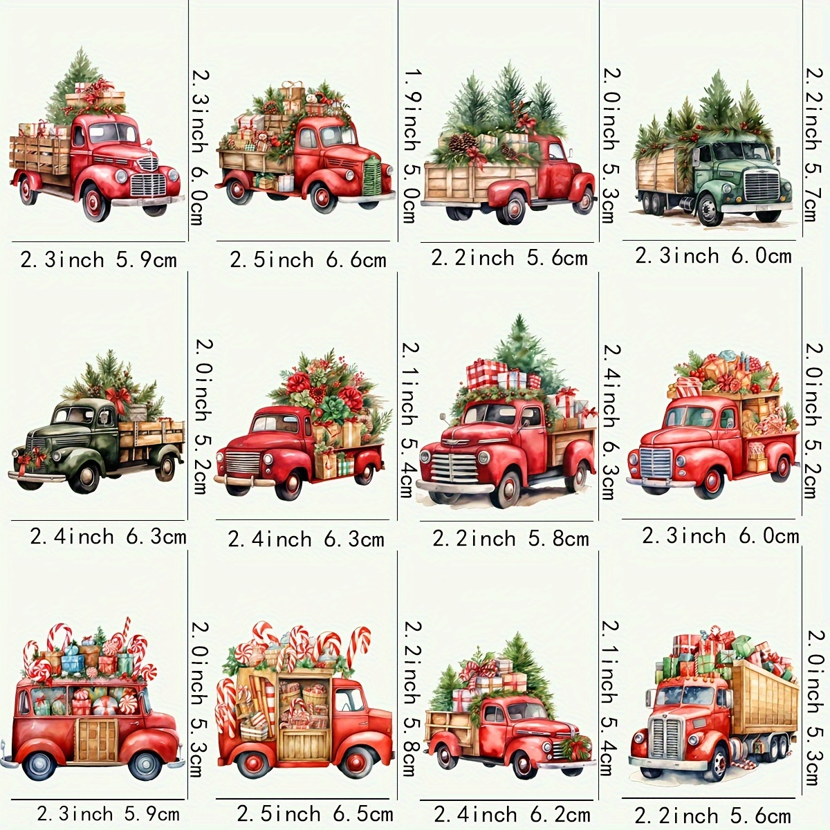 TEMU 12pcs Vintage Christmas Truck Diy Uv Transfer Sticker Set - Waterproof & Self-adhesive For Mugs, Bottles, Laptops, Skateboards & More - 3d Crystal Tile Designs