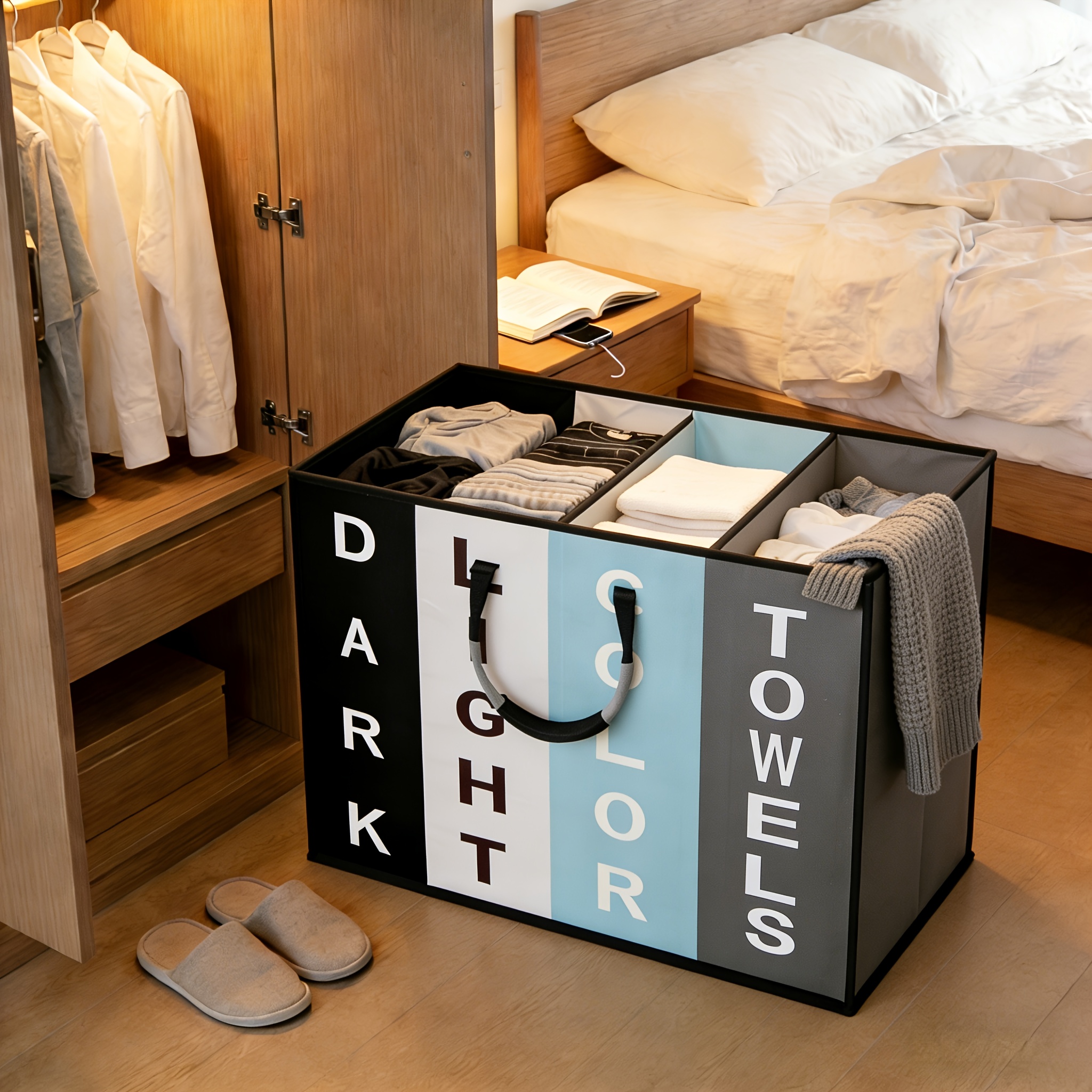 TEMU 4-compartment Laundry Basket With Sturdy Aluminum Handle - Sort Dark, Light, Color Clothes & Towels Effortlessly. Durable, Spacious Design For
