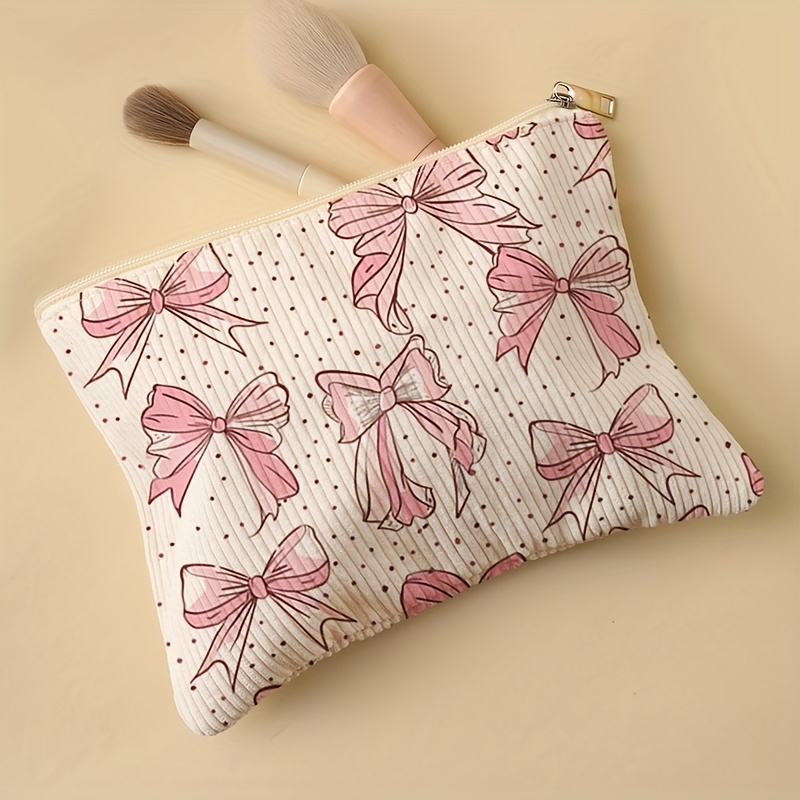 

Chic Pink Bow Print Corduroy Makeup Bag - Lightweight, Zippered Cosmetic Organizer For Toiletries & Accessories