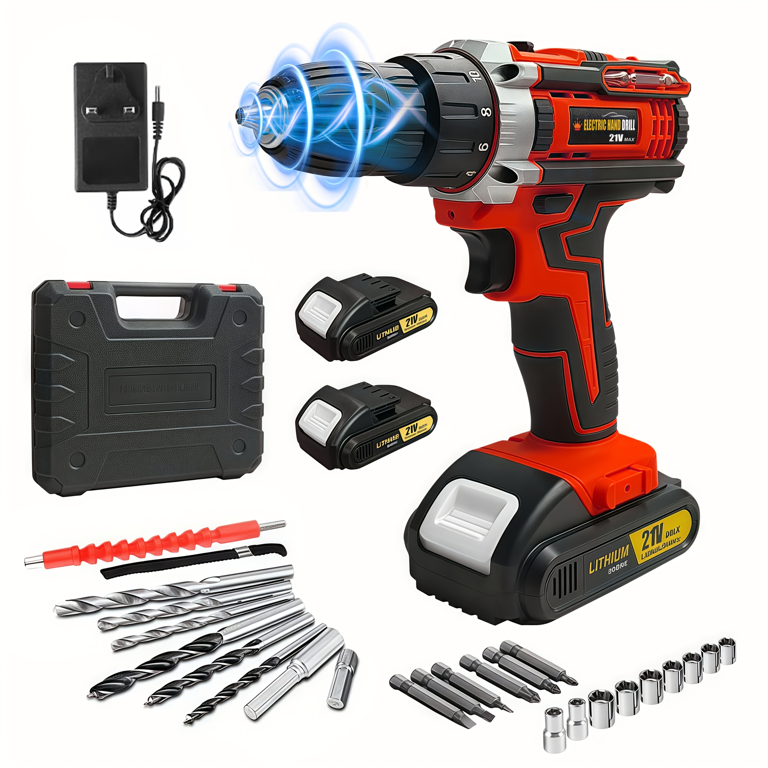lithium ion cordless drill kit drill set with battery and charger 3 8 inch keyless   variable speed 16 position adjustment and 24 drill bits red yellow blue color scheme ergonomically   household power tool Product details 4