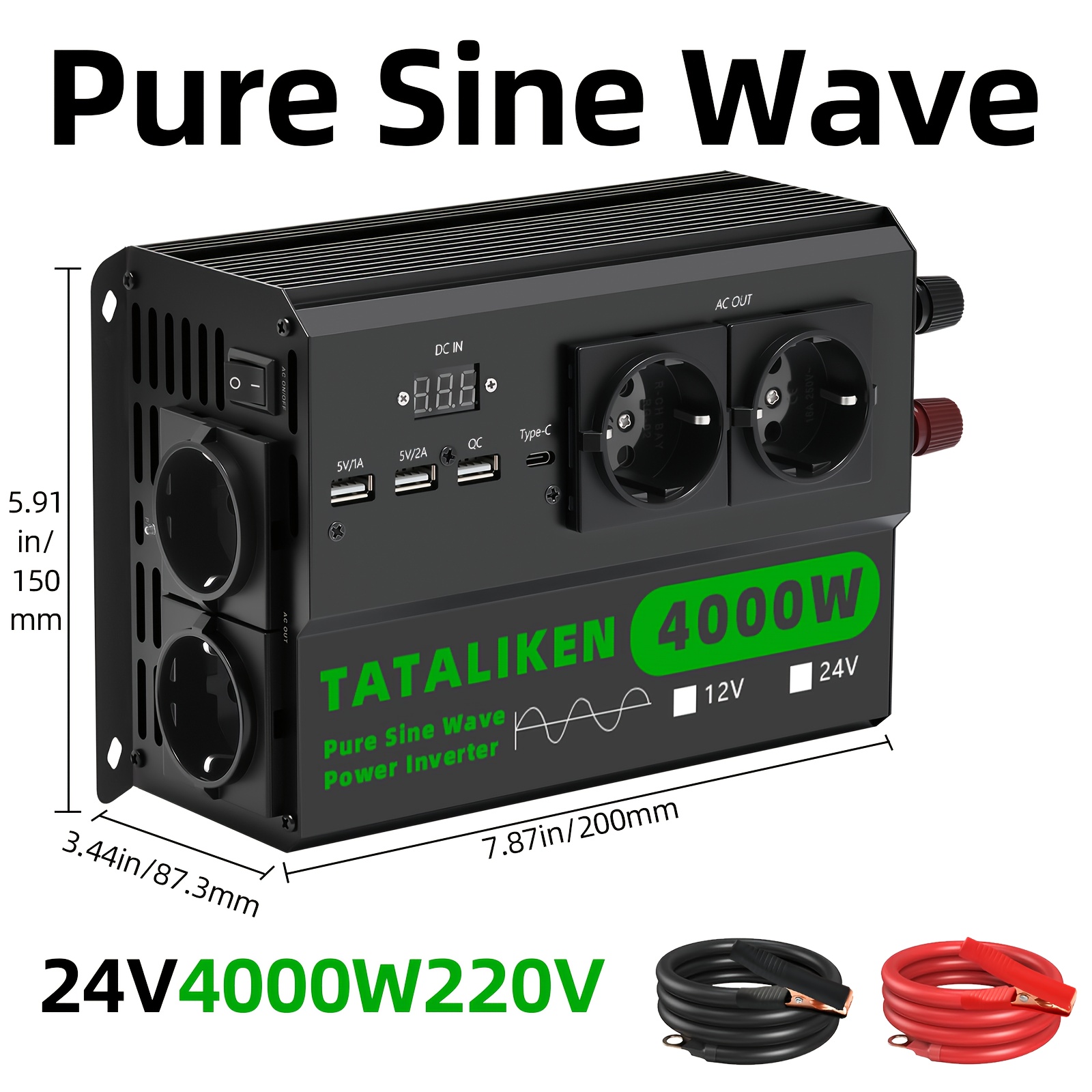 zdjęcie przedmiotu 4000W Czysta Fala Sinusoidalna Inwerter Mocy 12V/24V na 220V/240V z 3 USB-A & 1 USB-C Szybkie Ładowanie, Adapter AC do Samochodu Kompatybilny z Domowym Awaryjnym Zasilaniem, Kamperem, Kempingiem, Podróżą - Wysokowydajny Przetwornik Akumulatora Samochodowego (Bez Akumulatora)