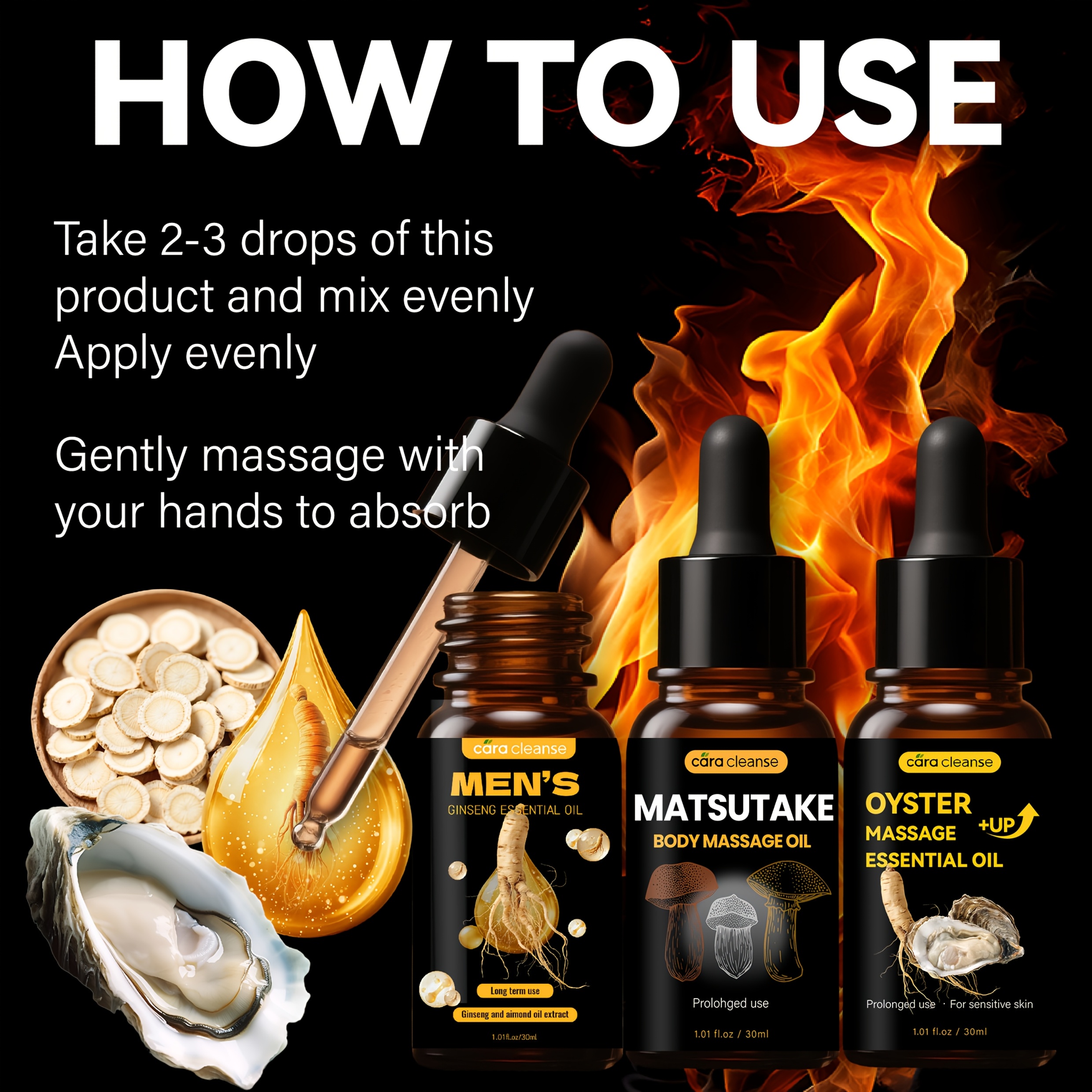 3pcs, 30ml Ginseng, Matsutake and Oyster Men's Massage Essential Oil Set, Rich in Ginseng, Matsutake and Oyster Extracts, Moisturizing, Gentle and Non-irritating, Suitable for Sensitive Skin. The Best Gift for Him