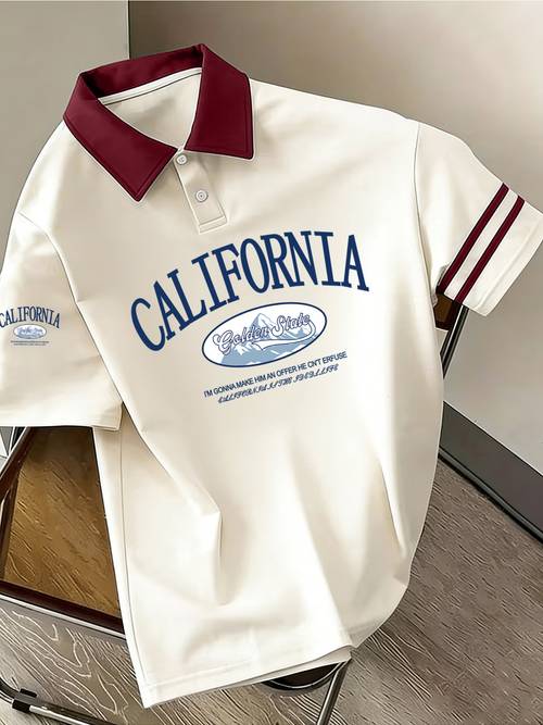 herren-poloshirt im preppy-stil mit california muster, vielseitiges, lässiges atmungsaktives sommer-oberteil mit kurzen ärmeln für den sport