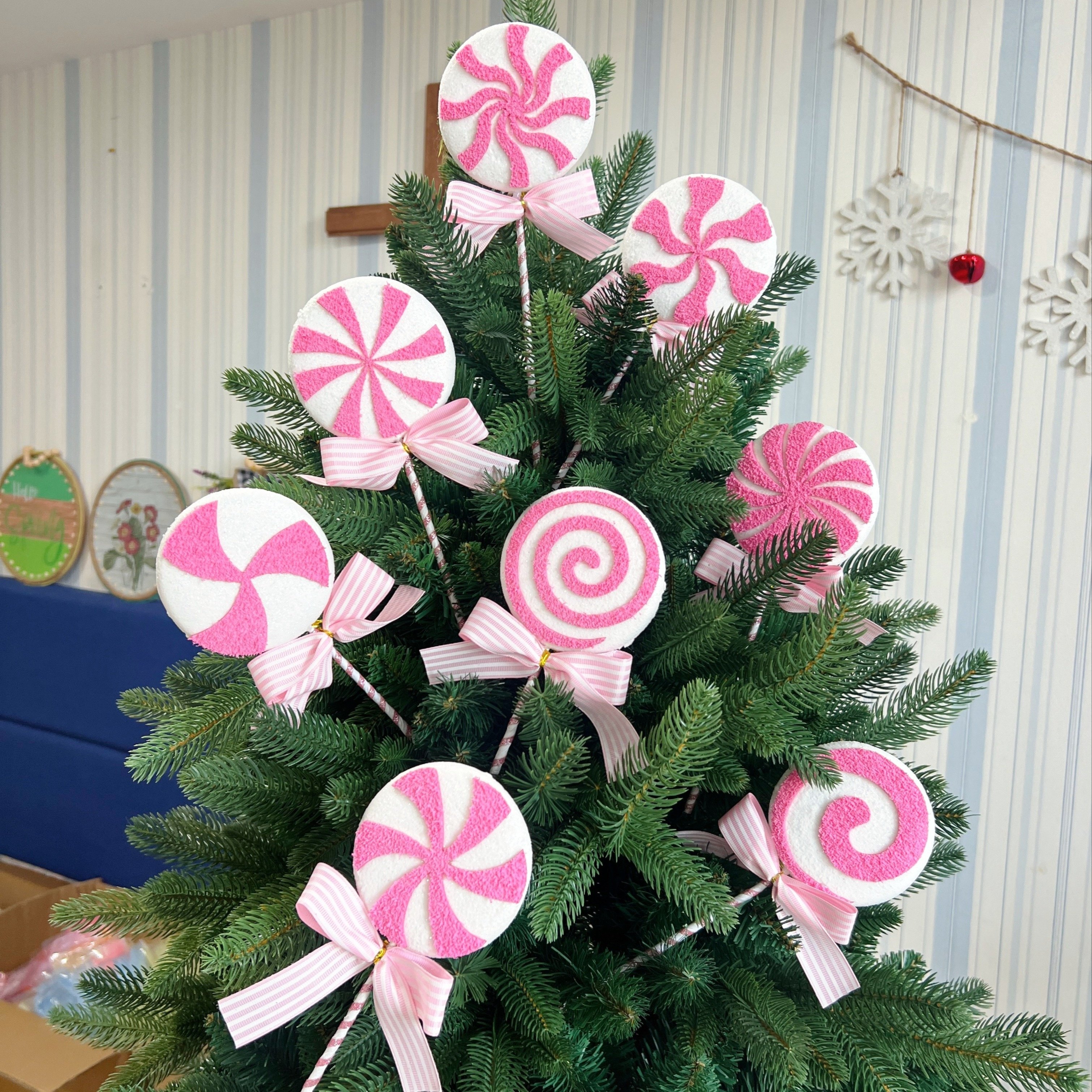 

3pcs Christmas Candy Lollipop Tree Topper With Pink And Bow, Fabric Hanging Ornaments For Christmas, New Year, Winter Decor, No Electricity Or Feathers Required