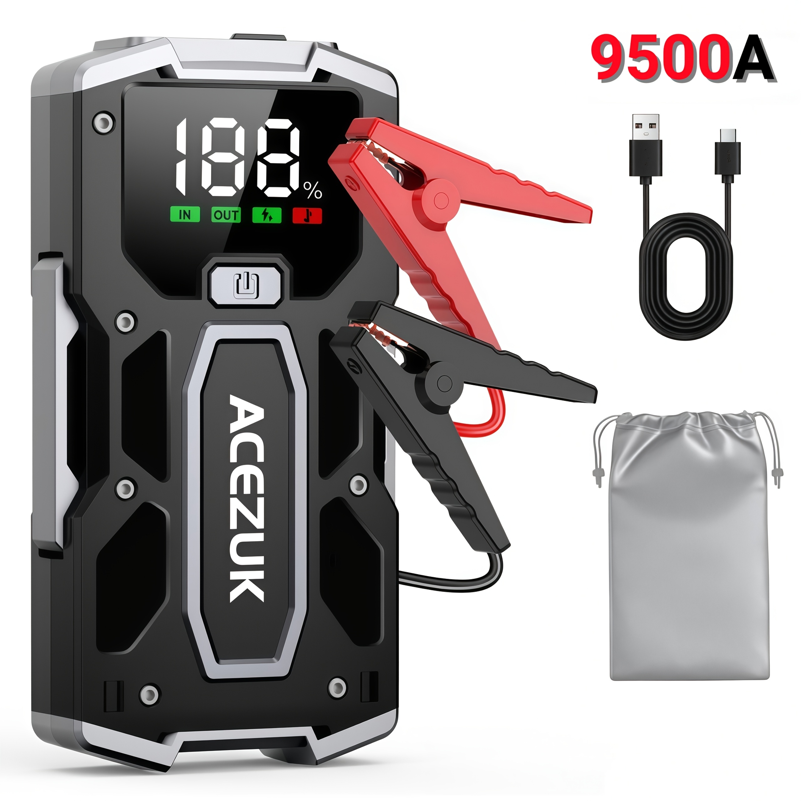 9500a Portable Car Battery Jump Starter, Large Screen Display, Usb Charging Cable, Emergency Flashlight 3 , Storage Bag Included (for All Gasoline Or 10.0l Engines)