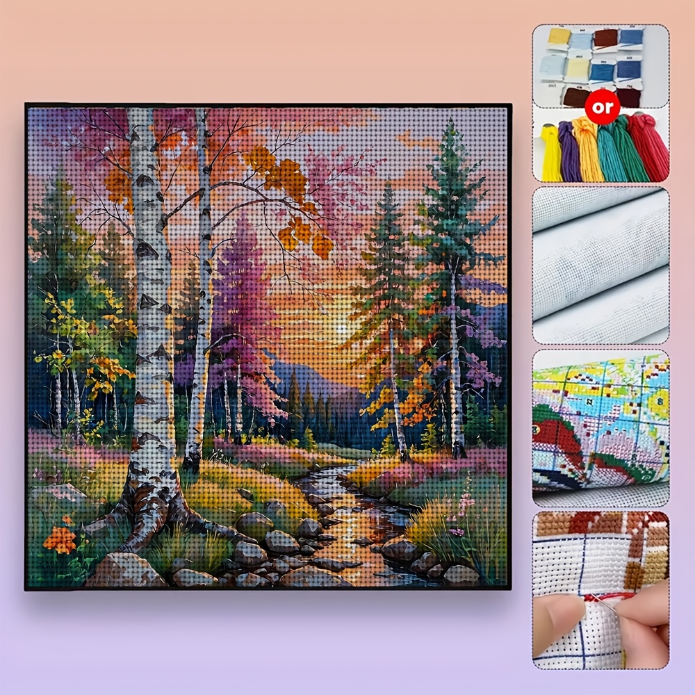 Streamside Colorful Forest Sunset Cross Stitch Printed Kit for Beginners