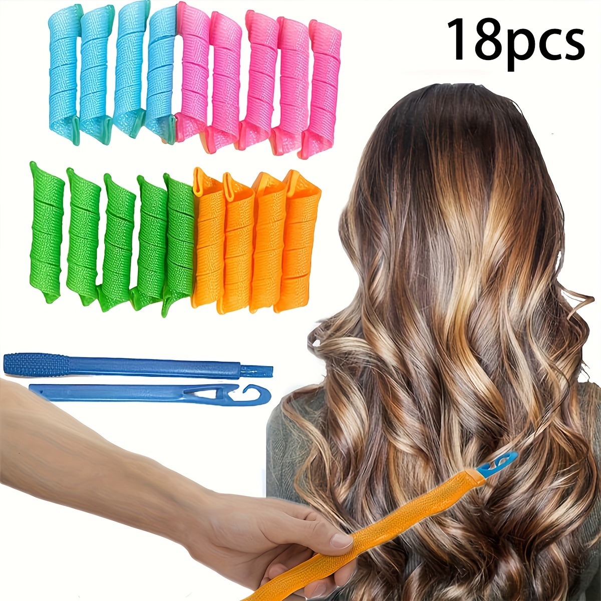 TEMU 18pcs Spiral Hair Curlers, Diy Magic Hair Roller Set With Styling Hook, Portable Wavy Hair Curling Iron, Hairdressing Tools Kit For Salon And Home Use