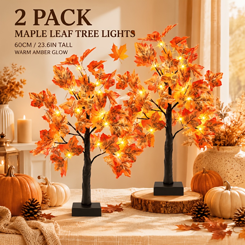 TEMU 2pcs, Thanksgiving Fall Table Lamp, 21.26-inch Tree Light, Thanksgiving Autumn Maple Leaf Decoration, 24-led Battery-powered Decorative