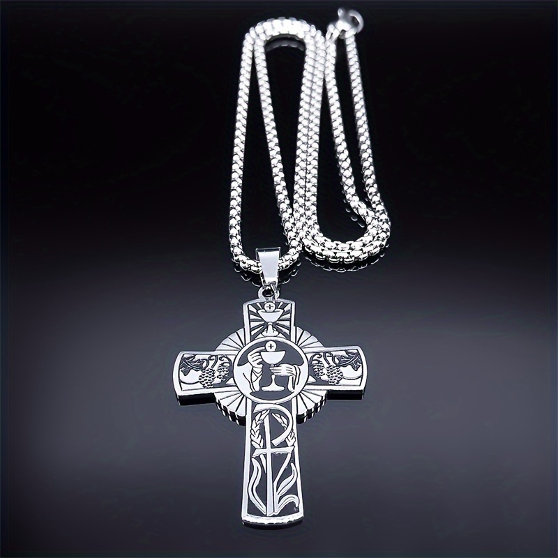 304 Stainless Steel Cross Necklace With A Halo, Grape Juice Design, Suitable For Men And Women, The And Church Jewelry.