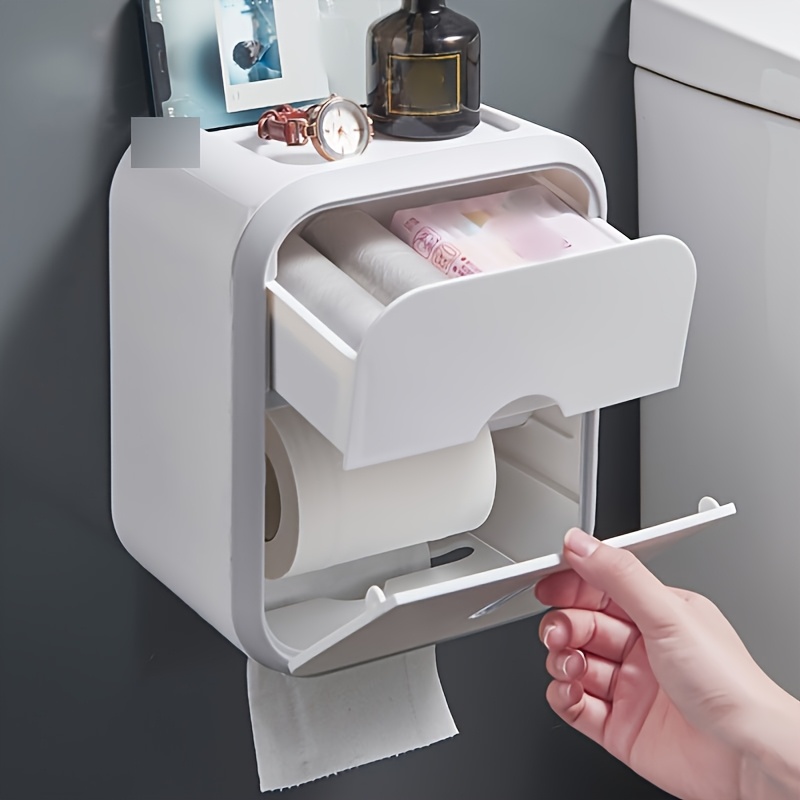 

1pc Luxespace Wall-mounted Toilet Paper Holder With Storage Shelf - Waterproof Plastic Tissue Box, Polished , Rectangular No-drill Bathroom Roll Dispenser