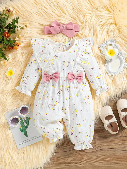 baby autumn long sleeved comfortable round neck cute floral print baby girl jumpsuit casual fashionable sweet jumpsuit belt two piece set