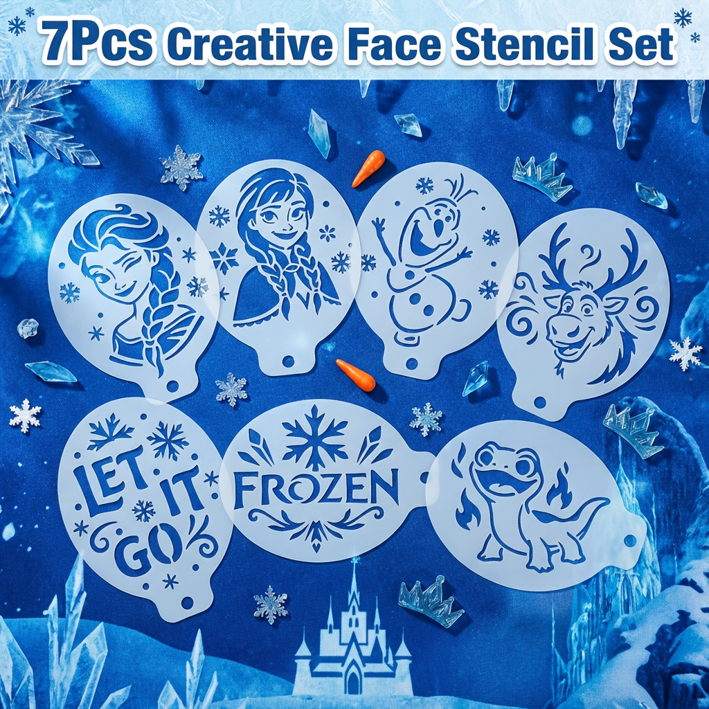 Image of 7pcs Frozen Face Painting Stencil, Reusable , Anna And Stencil For Art Crafts, Plastic Frozen Themed Diy Templates For Scrapbooking Decor And More Handmade Supplies, Perfect For Party Cosplay