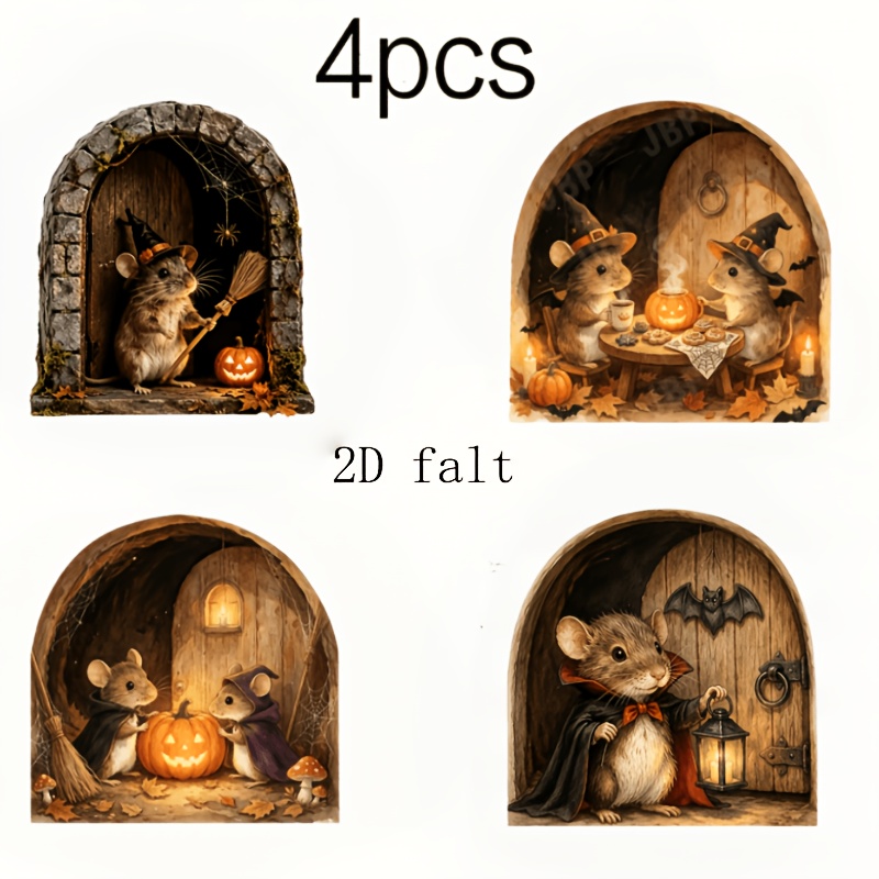 TEMU Halloween-Maus-Türöffnungs-Wandaufkleber, 4er-Set. Vintage-Märchenstil mit niedlichen Mäusen, die sich in Zauberer Vampire verwandeln, mit