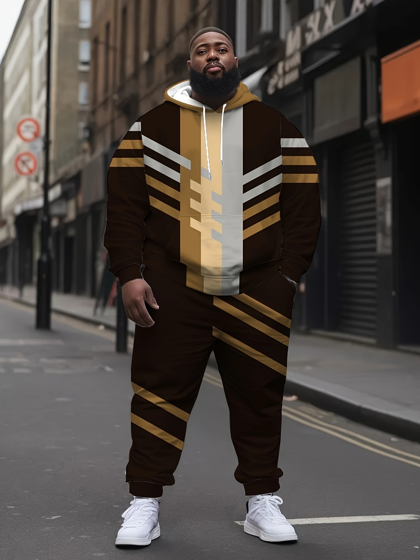 men's plus size casual hoodie tracksuit color block hooded Temu