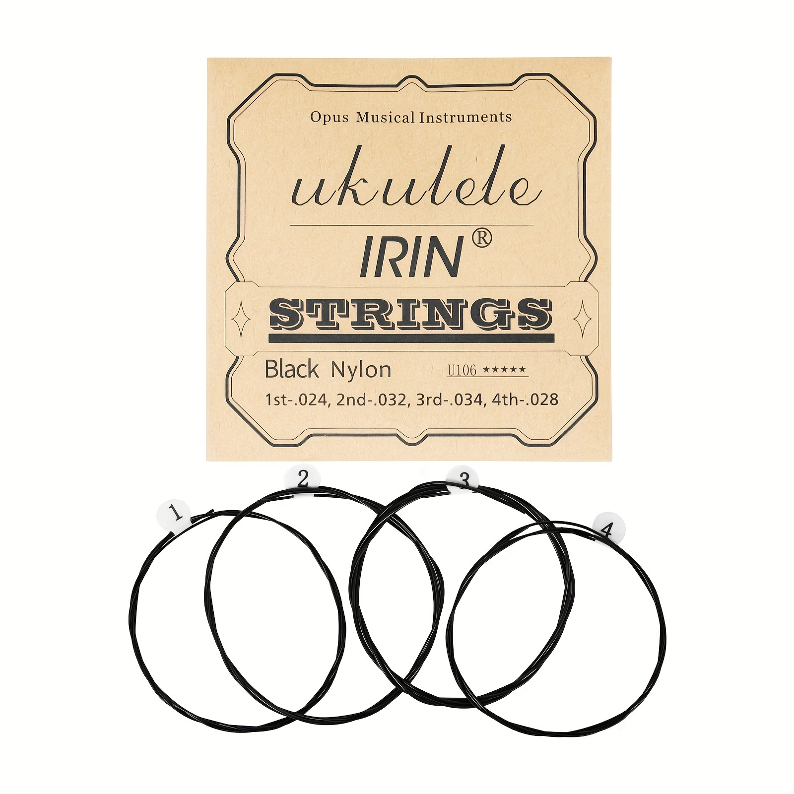 TEMU Irin U106 Ukulele Strings, Black Nylon, 4 Strings With Serial Numbers, Packaged In A Durable Cardboard Box