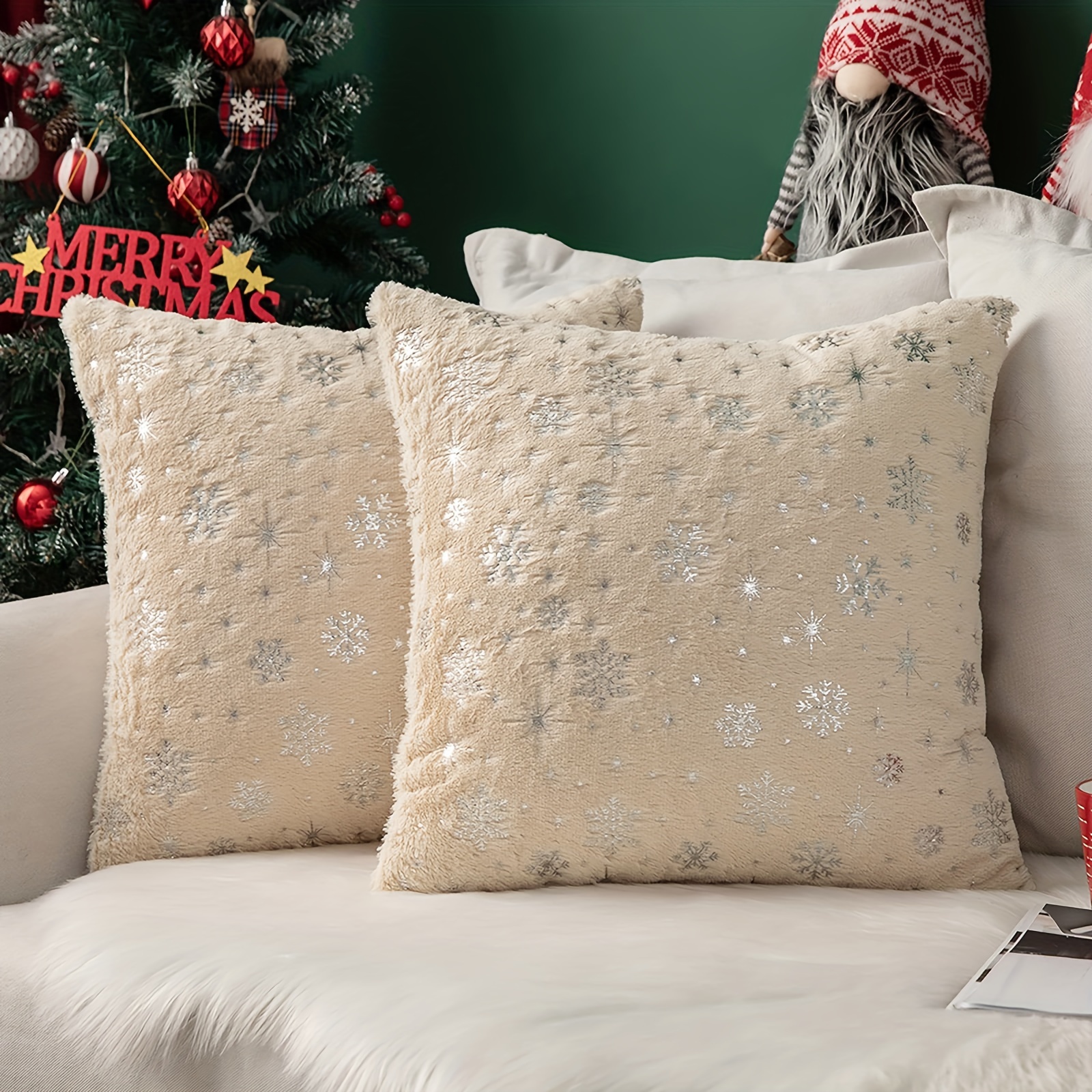 2pcs Snowflake Cushion Covers Super Soft Plush Decorative Christmas Pillow Covers Xmas Decor Sofa Pillowcase White Black Red Beige