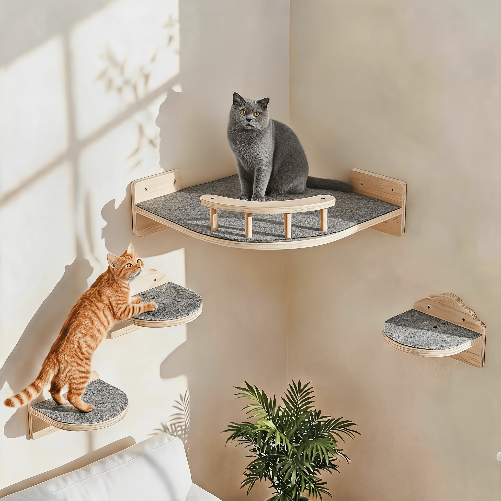 Cat Wall Shelves, 3 Steps Cat Climbing Perch For Indoor, Wooden Floating Shelf With Non-slip Pad Bed, Modern Corner & Wall Mounted For Playing And Lounging - Natural