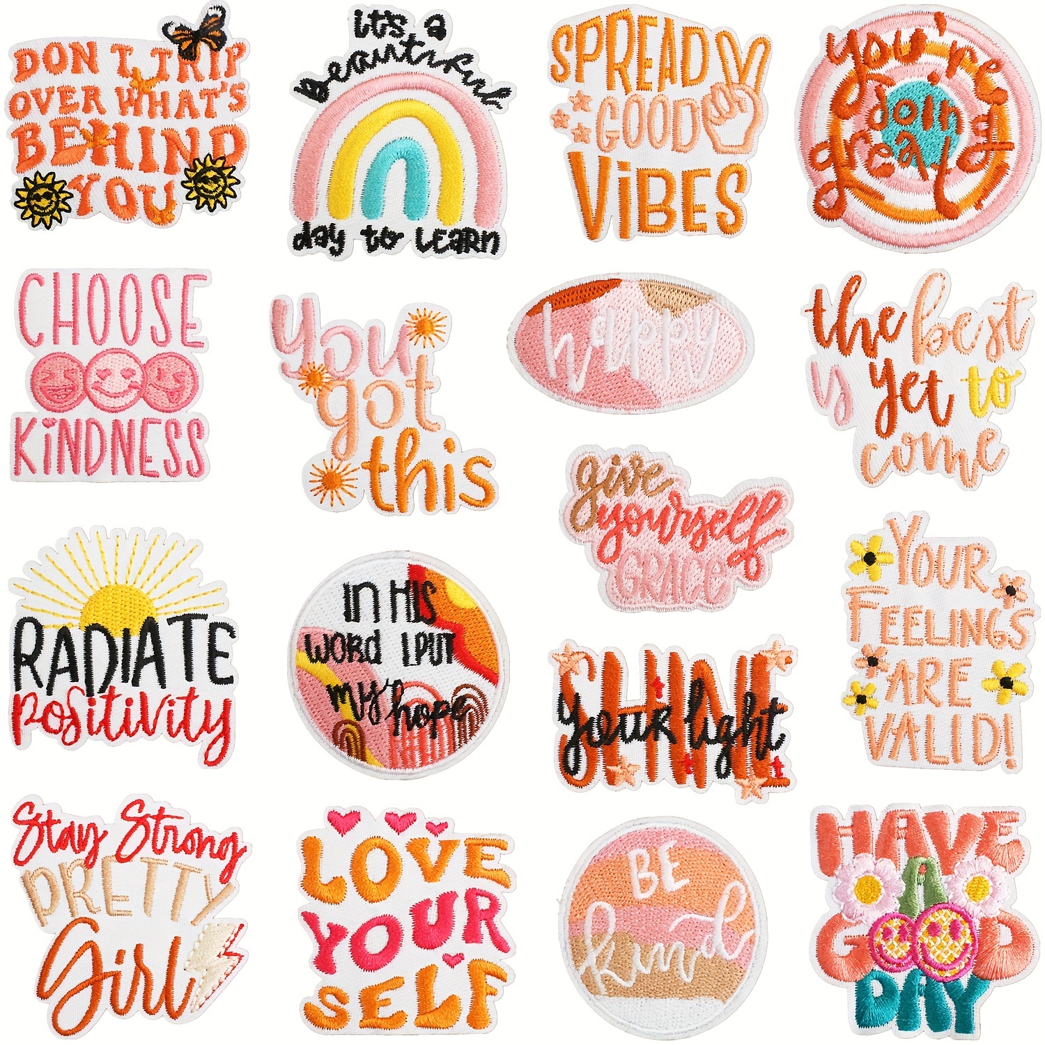 

17 Sets Of Bohemian Embroidered Fabric Patches With Inspirational Quotes, Bag Patches, Computer Embroidery Labels, English Characters, Positive Energy Patches