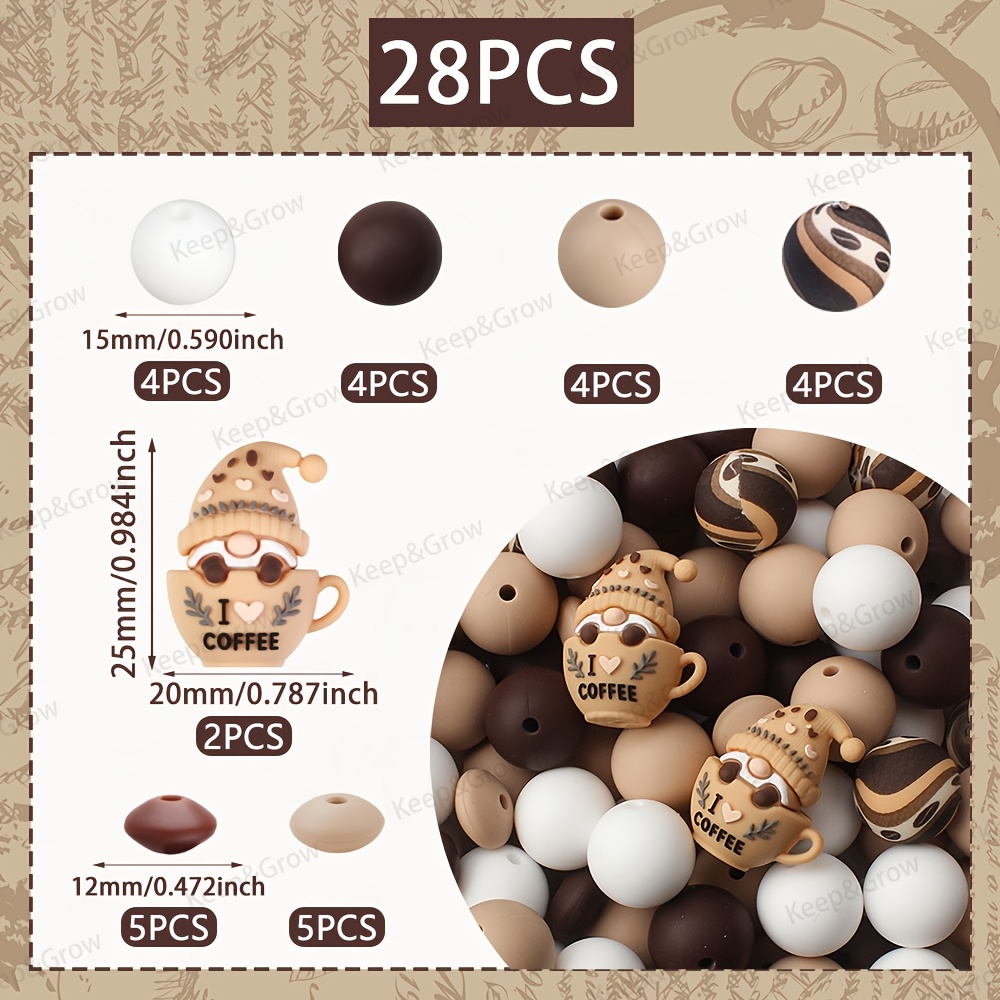 TEMU Ensemble de 28 perles en silicone 3D sur le thème du café, parfait pour la décoration de stylos, "J'aime ", perles focales gnome pour la