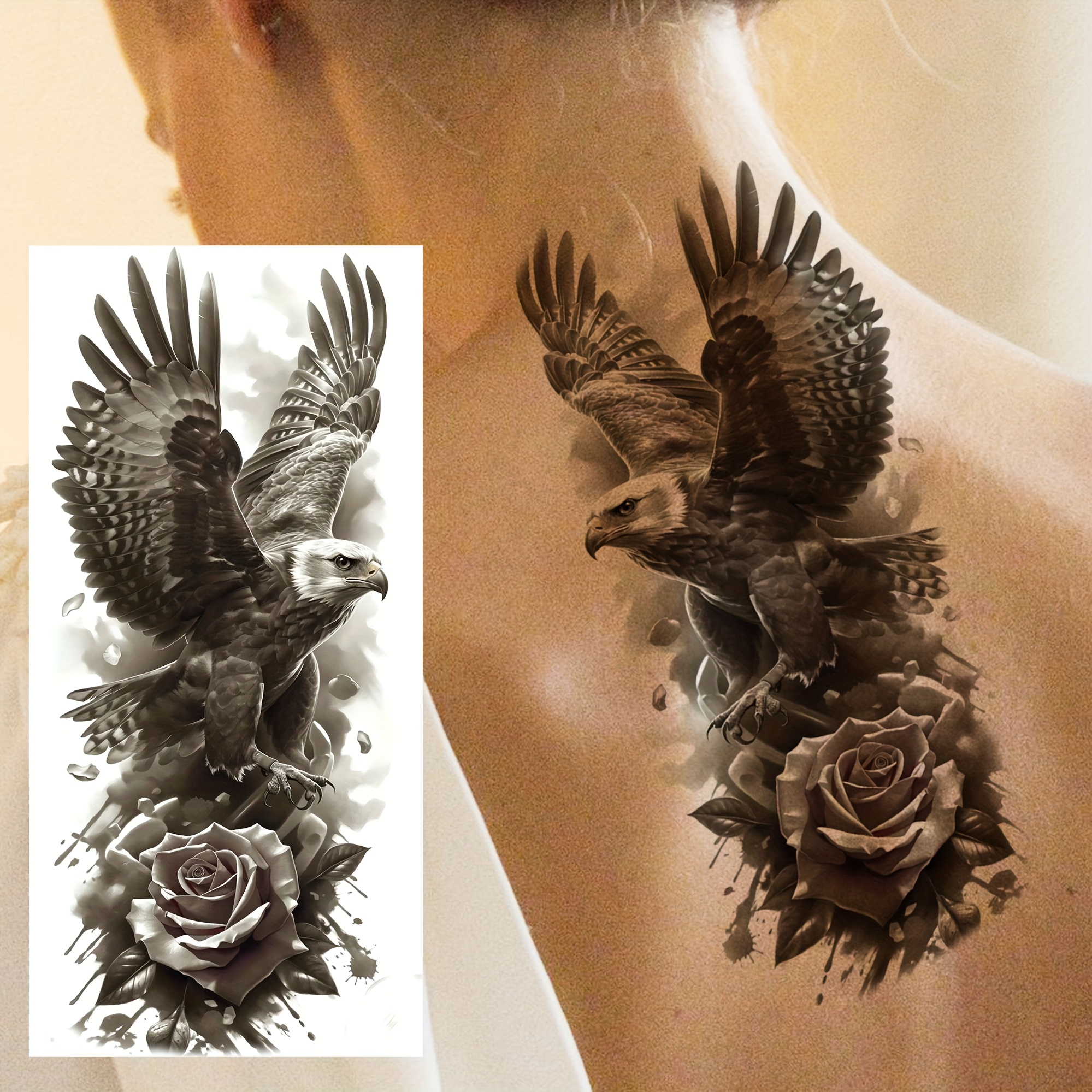 A Temporary Tattoo Of An Eagle Rose For Men And Women, Suitable For Adults, On The Thigh, Forearm, Or Calf. This Waterproof And Long-lasting Fake Tattoo Looks Very Realistic