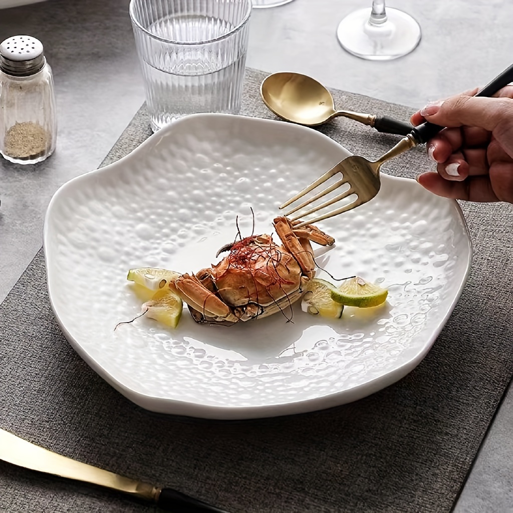 1pc Ceramic French-Style Fan Plate with Irregular Shape - Elegant Asymmetric Dish for Steak, Salads, Pasta, Desserts - for all types of cuisines (Modern for special occasion or Everyday Dining)